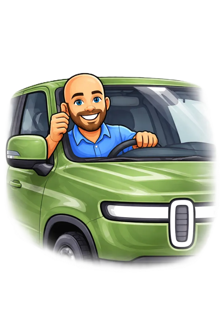 Cartoon of Handyman Ken driving his work van to the job