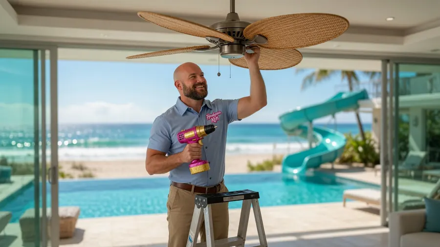 Ken installing a ceiling fan on a bedroom ceiling