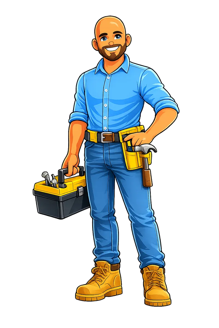 Cartoon of Handyman Ken holding a drill and a TV mount